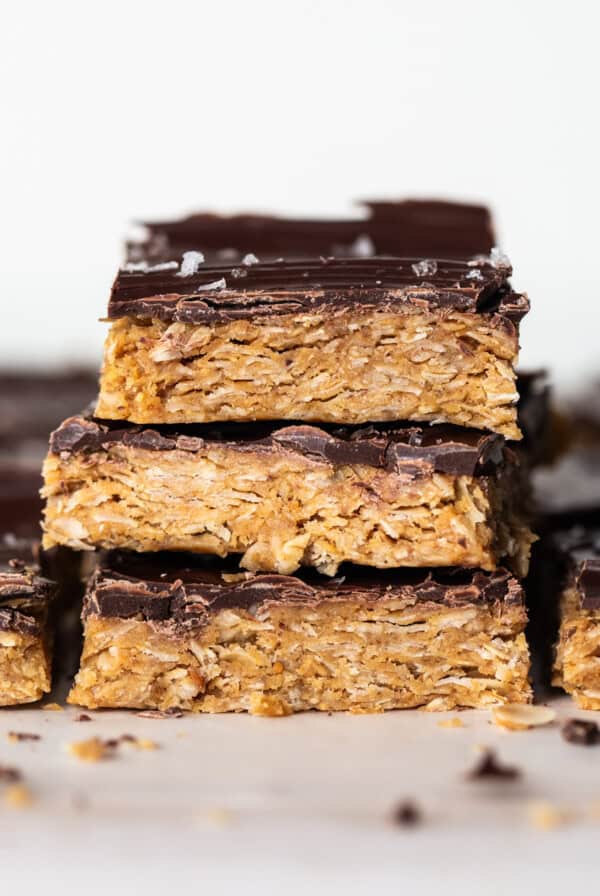 A stack of chocolate oatmeal bars on top of each other.