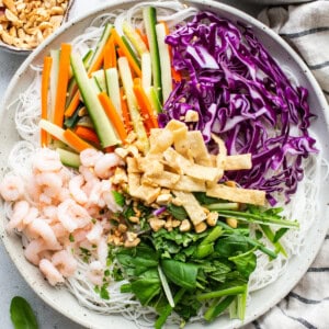 Vietnamese noodle salad with shrimp and vegetables.