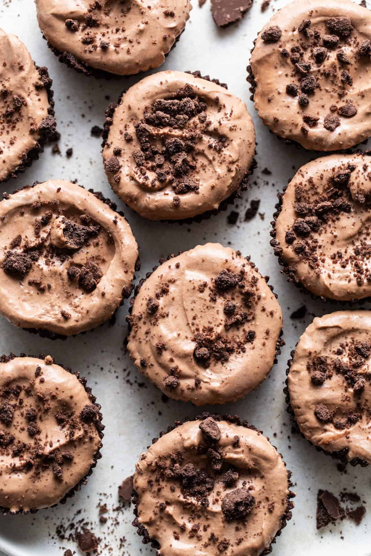 Chocolate cupcakes with chocolate frosting on a white plate.