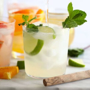 A refreshing vodka lime cocktail garnished with mint leaves.