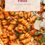 One-pot trader joe's pasta recipe with tomato sauce and parmesan cheese.