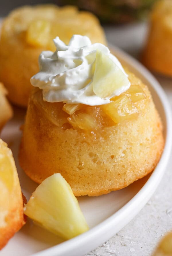 Close-up of a pineapple upside-down cake topped with whipped cream and pineapple chunks on a white plate.