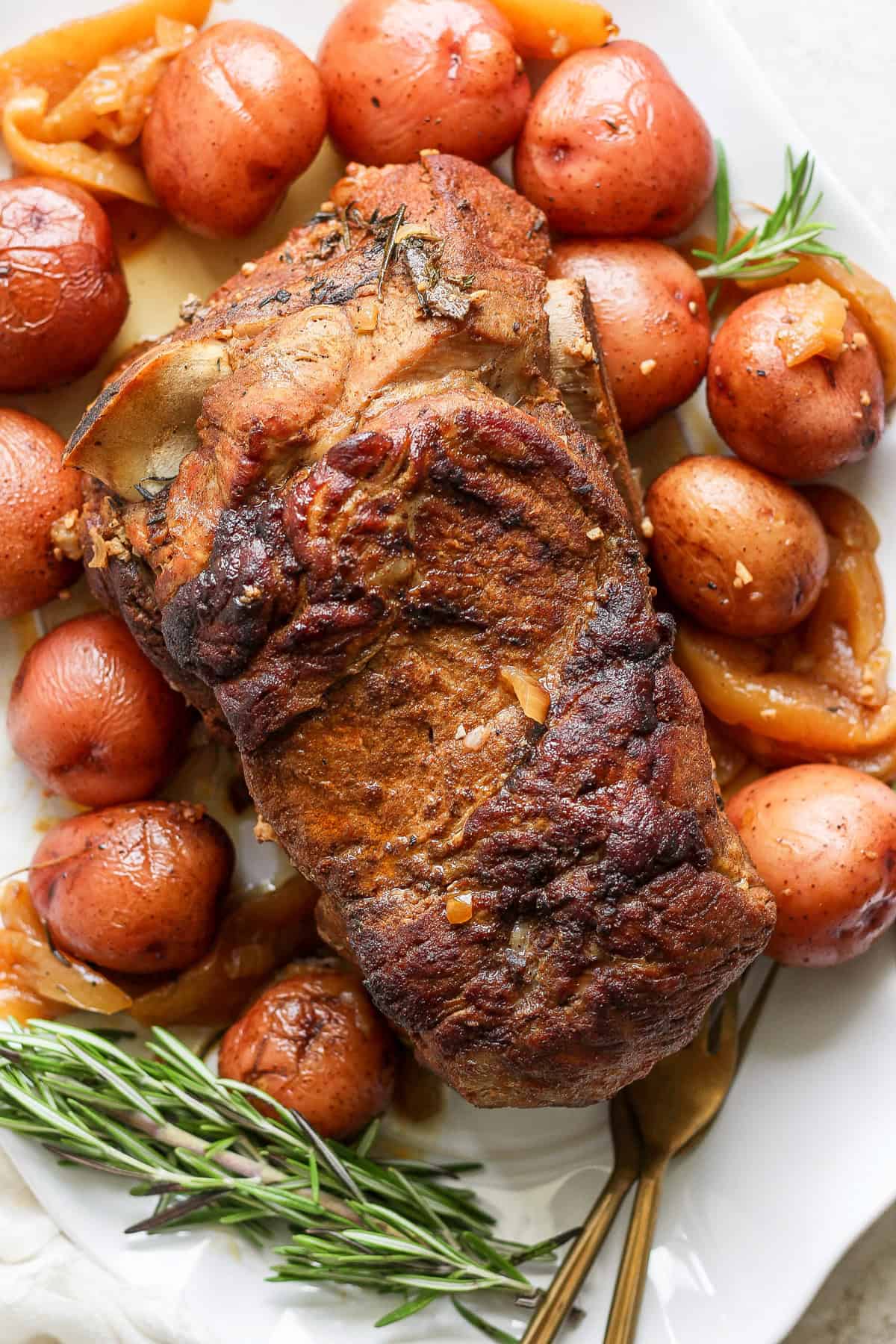 A roasted pork shoulder with a crispy exterior is surrounded by browned red potatoes and sprigs of rosemary on a white serving plate.