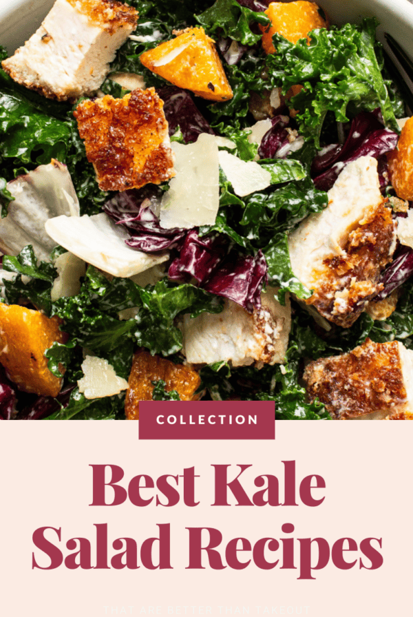 A bowl of kale salad with roasted butternut squash, grilled chicken, radicchio, and grated cheese. Text overlay reads “Collection: Best Kale Salad Recipes”. Perfect for those seeking delicious and nutritious kale salad recipes.