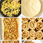 A collage showing the process of making apple sticky buns: sautéing apples, dough rising, spreading apples on dough, rolling, cutting, baking the buns, and a final bun with caramel sauce on top.