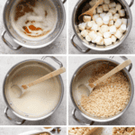 Step-by-step process of making Chai Rice Krispies: melting butter, adding marshmallows, stirring, mixing in Rice Krispies, pressing mixture into a square pan, and cutting into squares.