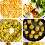 A step-by-step image showing the process of making falafel, including ingredients, blending, shaping into balls, frying, and finished falafel.