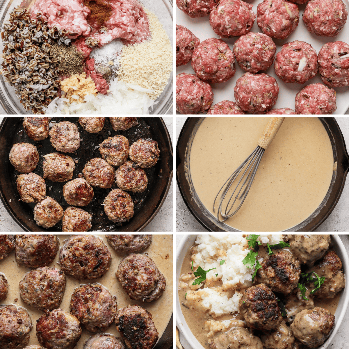 A collage showing six steps to make Swedish meatballs: mixing ingredients, shaping meatballs, browning them, preparing sauce, cooking meatballs in sauce, and serving with mashed potatoes.