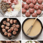 A step-by-step collage showing the preparation of Minnesota Swedish Meatballs, including mixing ingredients, forming balls, frying, making sauce, and serving with mashed potatoes and sauce.