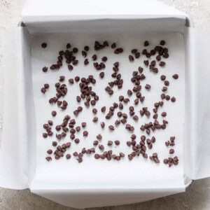 A square baking pan lined with parchment paper, scattered with small chocolate chips, hints at the indulgent layers of a peanut butter banana ice box cake, placed on a light-colored surface.