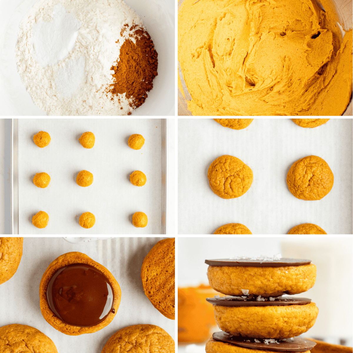 A step-by-step visual guide to making cookies: flour and spices in a bowl, mixed dough, dough balls on a tray, baked cookies, cookies with chocolate topping, and stacked finished cookies.