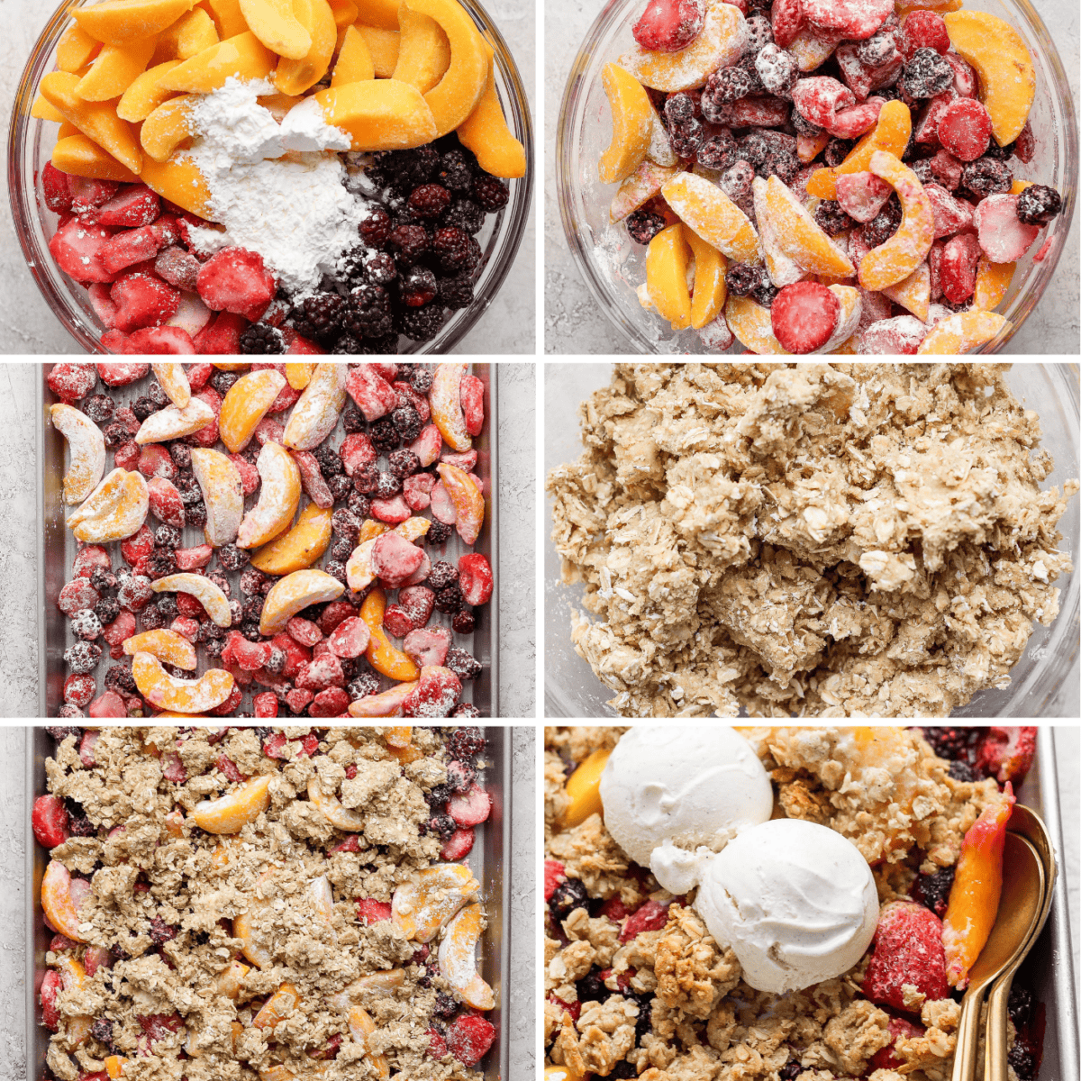 A step-by-step process of making a fruit crumble: images show mixing fruit with flour, placing it in a baking dish, preparing the oat topping, baking, and serving the crumble with ice cream.