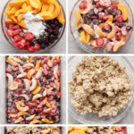 A step-by-step collage showing the preparation of a sheet pan fruit crisp with peaches, strawberries, blackberries, and a crumble topping, served with ice cream.