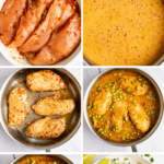 Step-by-step images showing the preparation of skillet coconut chicken, from raw marinated chicken to finished dish with sliced chicken served over rice and garnished with herbs and lime wedges.