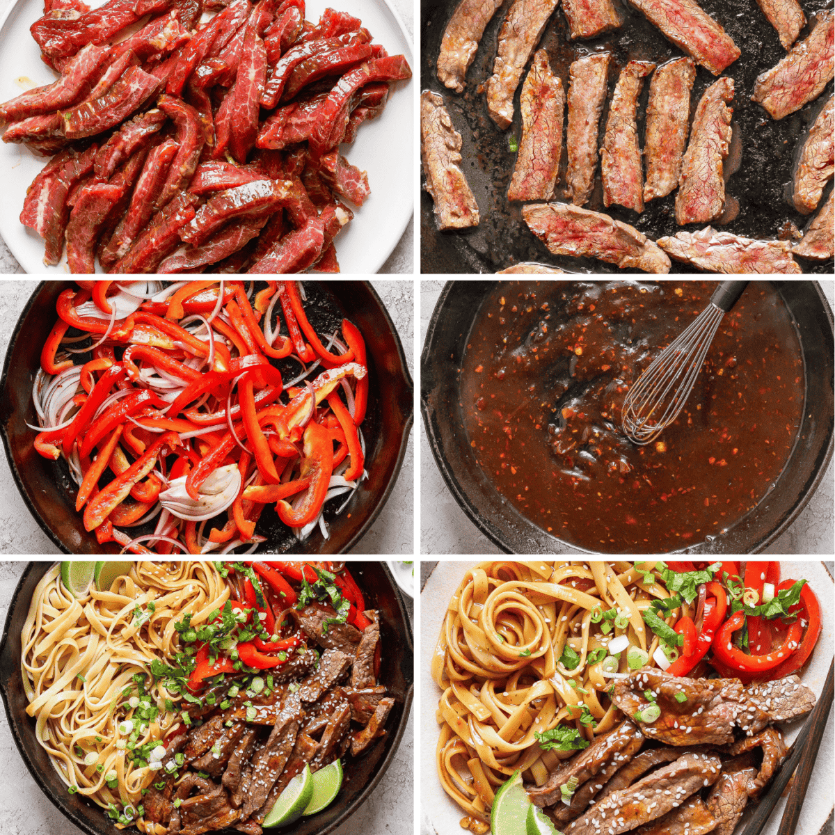 Six images showing the steps to prepare beef stir-fry with noodles: marinated beef, cooked beef strips, sliced onions and peppers, sauce preparation, noodles with vegetables, and final plated dish with garnish.