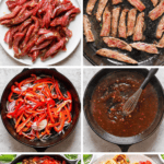 Step-by-step preparation of beef teriyaki noodles, showing marinated beef, seared beef, sautéed peppers, teriyaki sauce, and the final plated dish of noodles with beef, peppers, and garnishes.