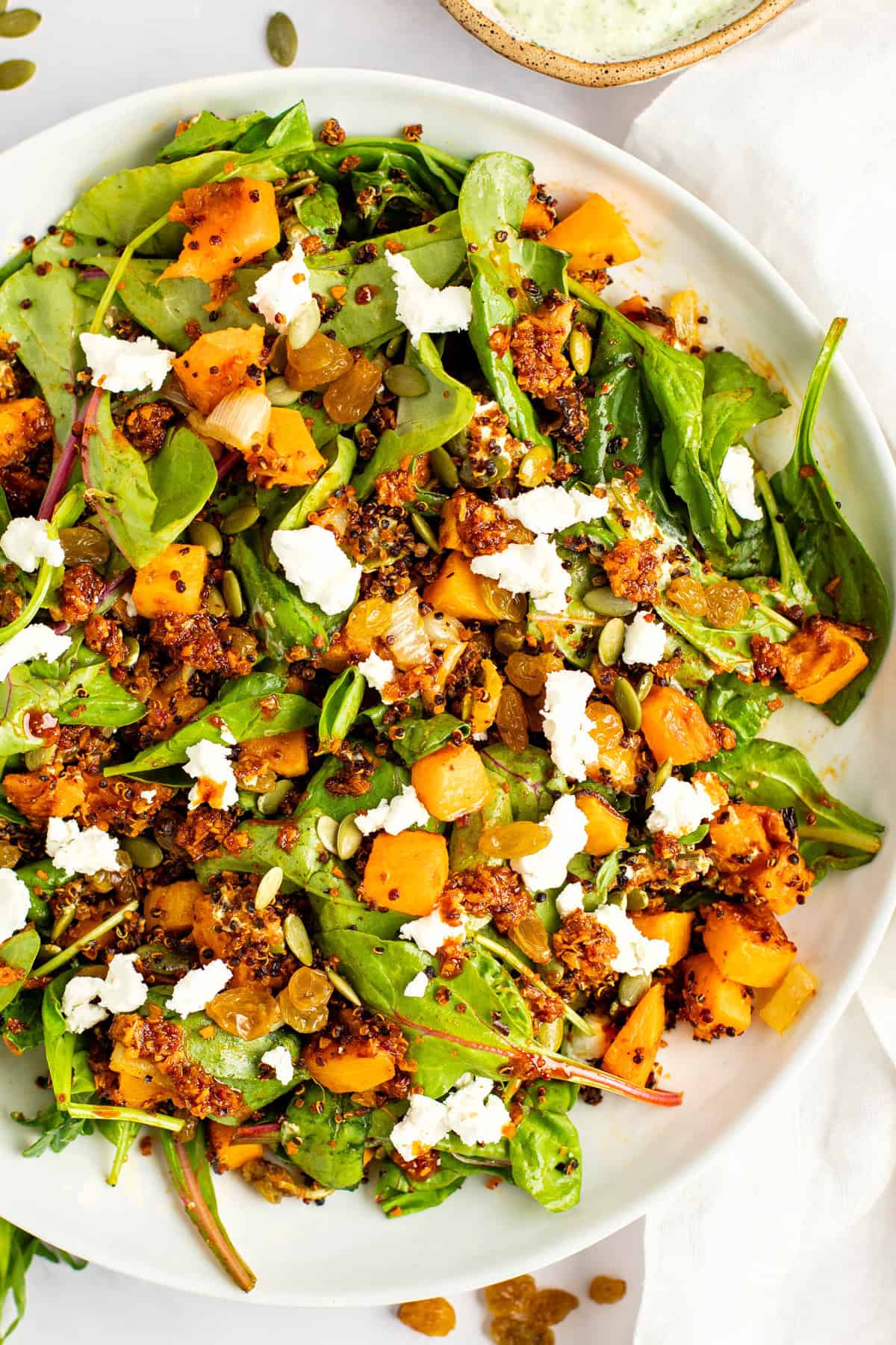 A plate of salad with mixed greens, roasted butternut squash, crumbled feta cheese, quinoa, pumpkin seeds, and golden raisins.