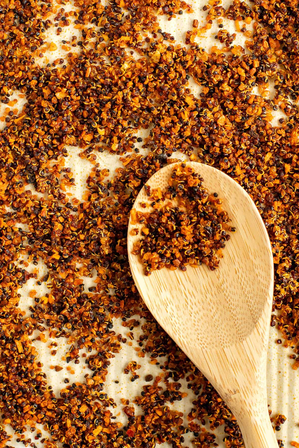 A wooden spoon rests on a surface covered with toasted quinoa grains.