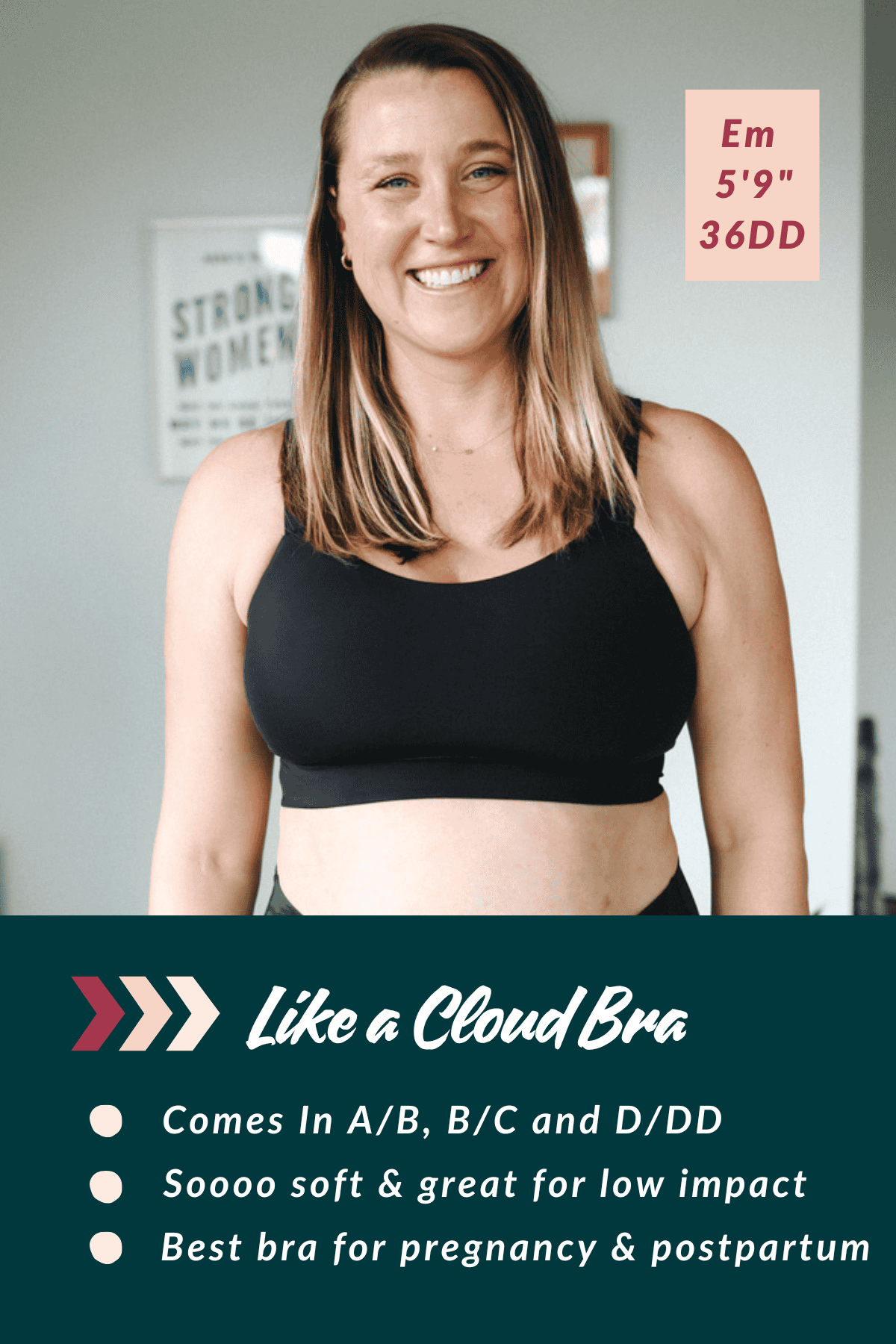 A woman smiling, wearing a black sports bra. Text highlights features: available in sizes A/B, B/C, D/DD, soft, suitable for low impact, and ideal for pregnancy and postpartum.