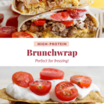 Close-up of two brunch wraps. One is stacked with visible layers of eggs, sausage, and peppers. The other is open-faced, topped with ground meat, tomatoes, and a dollop of sour cream.