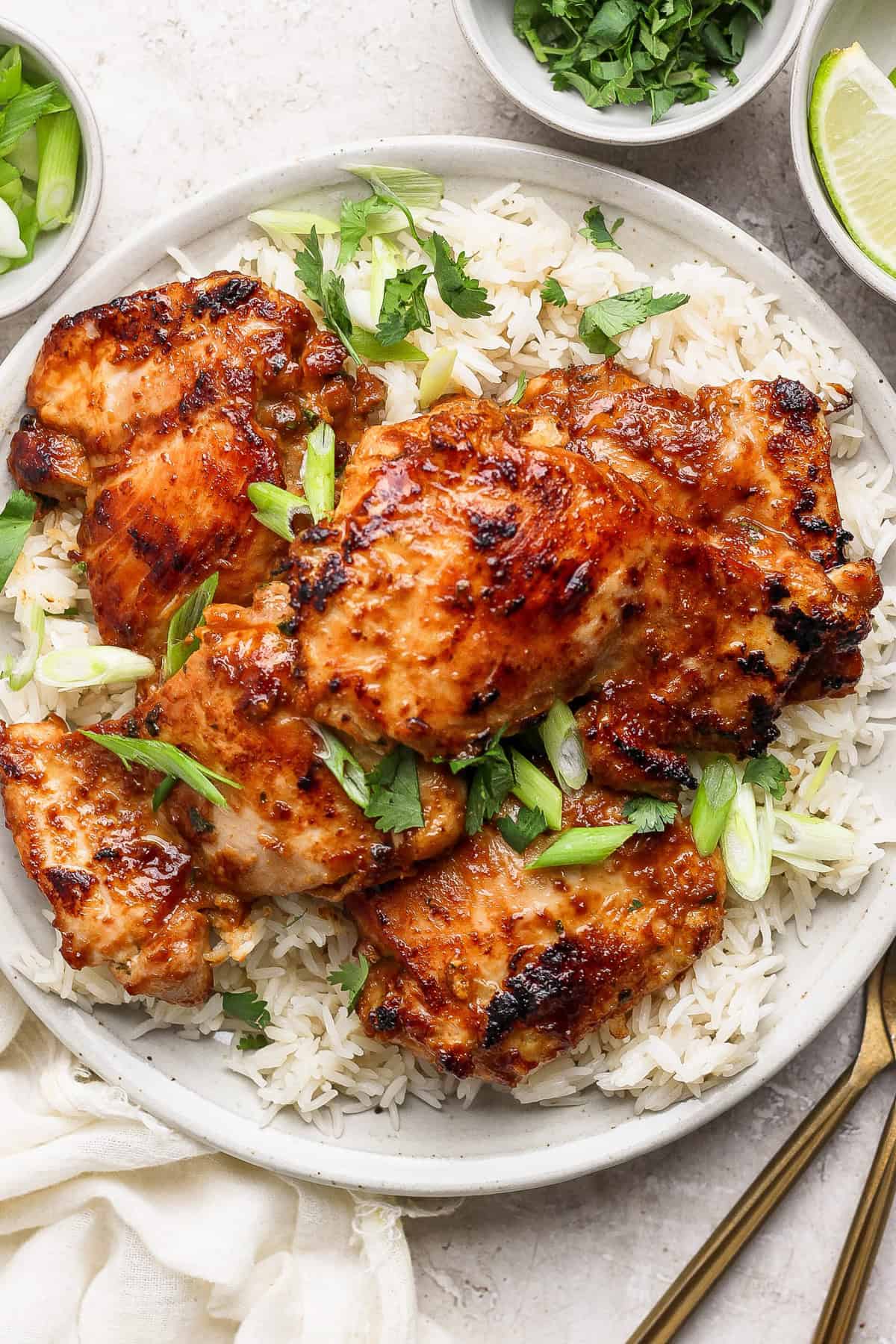 A plate of grilled chicken served on a bed of rice, garnished with chopped green onions and cilantro.