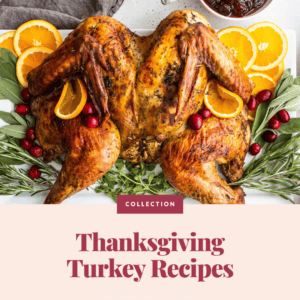 Roasted turkey garnished with orange slices, cranberries, and herbs on a platter. Text at the bottom reads "Thanksgiving Turkey Recipes.