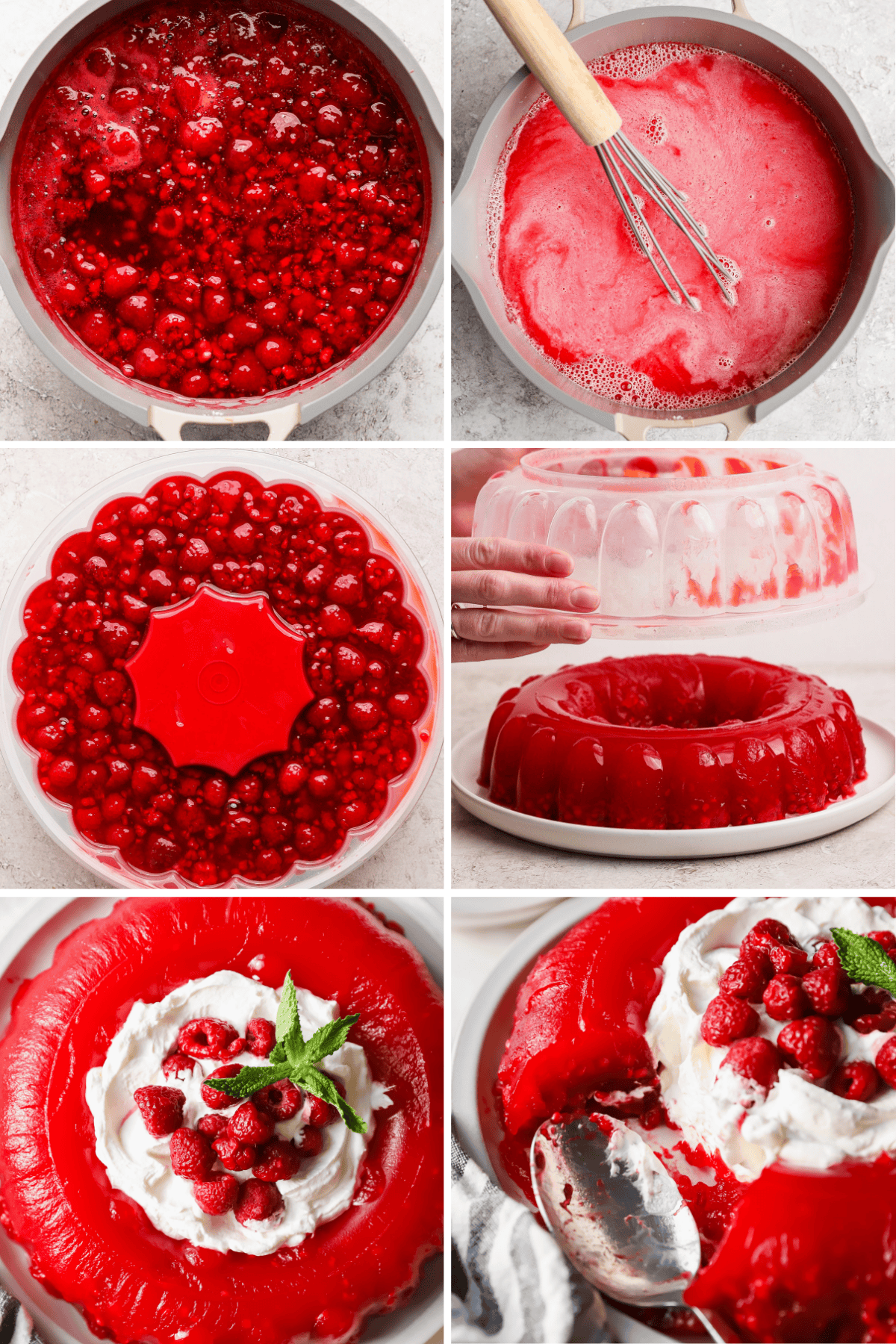 Step-by-step process of making raspberry gelatin mold, including mixing, setting in a mold, and decorating with whipped cream, raspberries, and mint leaves.